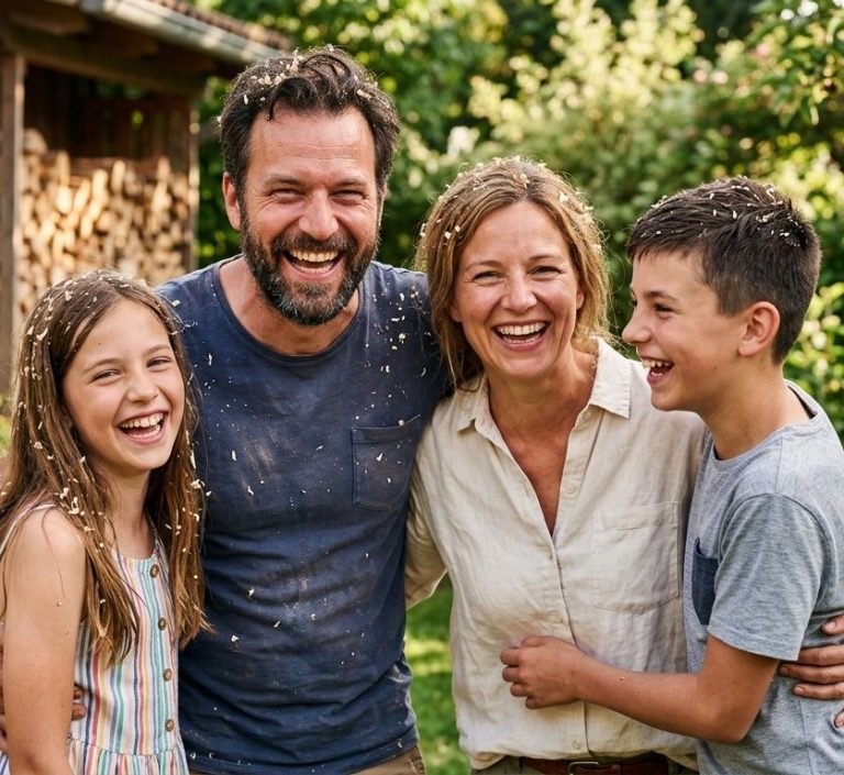 Die Familie mit den Holzspänen in den Haaren hat viel Freude am Aufbau ihrer Gartenmöbel von outdoor-lounge.com