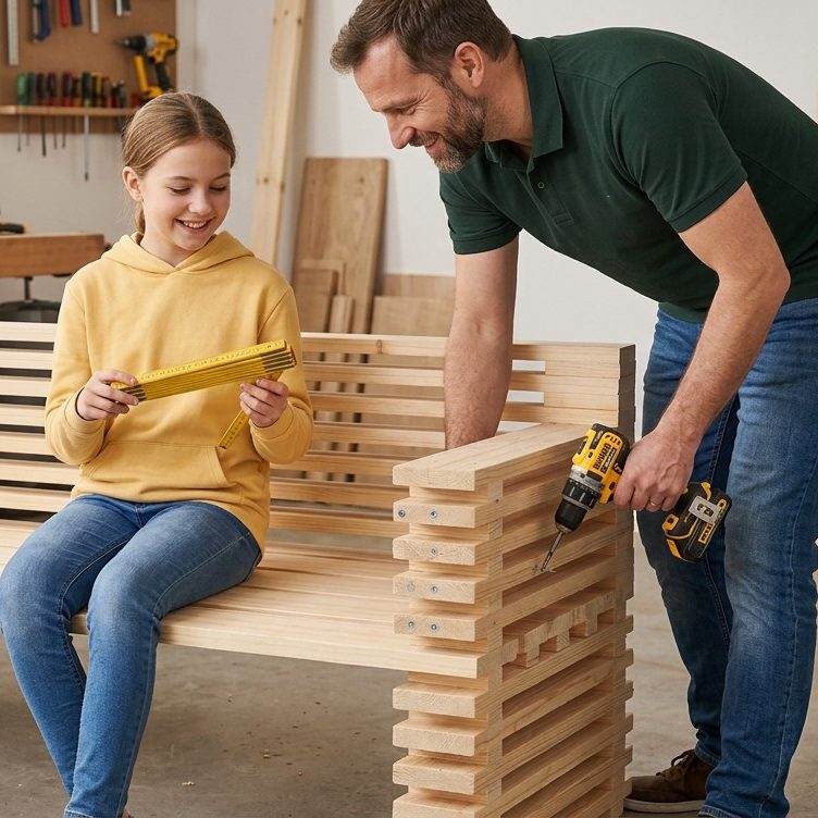 Eine Outdoor-Lounge selber bauen macht Spaß! Vater und Tochter bauen eine Gartenlounge.