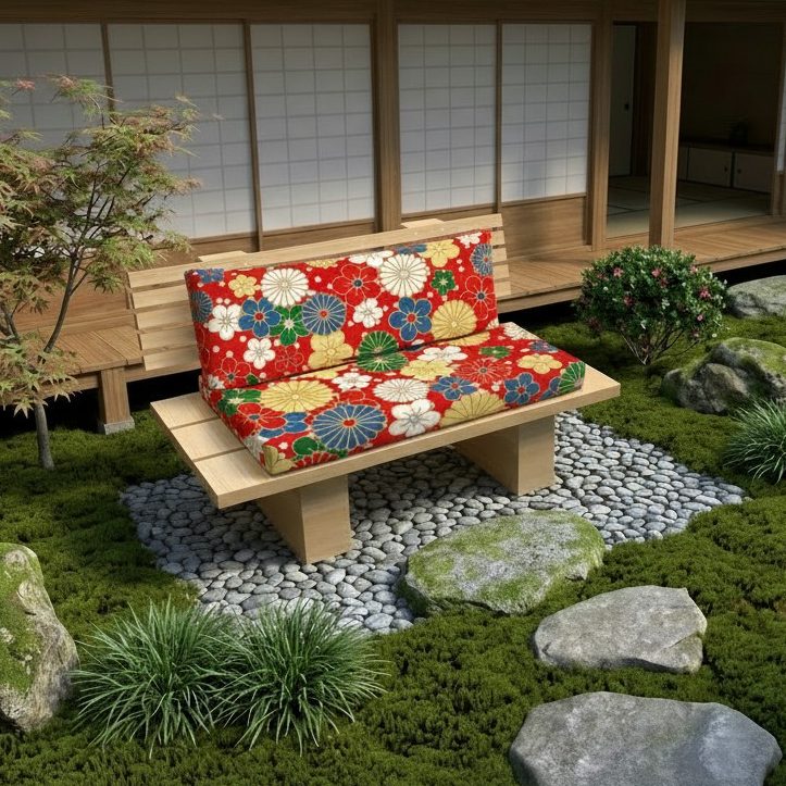 DIY Zweisitzer-Sofa KYOTO mit bunten Polstern auf der Terrasse eines japanischen Hauses