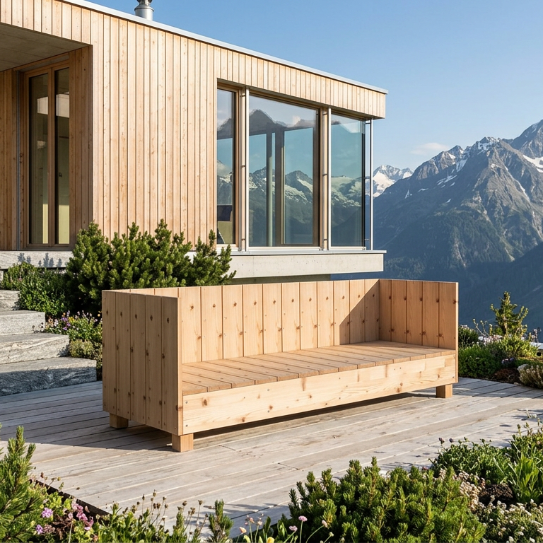 Das outdoor-lounge Sofa PALISADES steht auf einer Terrasse eines modernen Hauses in den Bergen