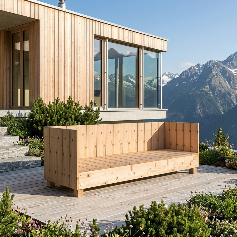 Selbstgebautes DIY Lounge-Sofa PALISADES in windgeschütztem Design auf einer Terrasse in den Bergen