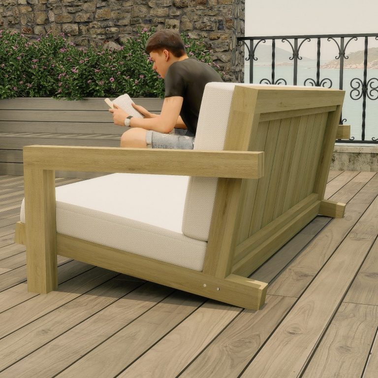 CAD Rendering des Sofas ELBE mit Person zur Ansicht der Größenverhältnisse.