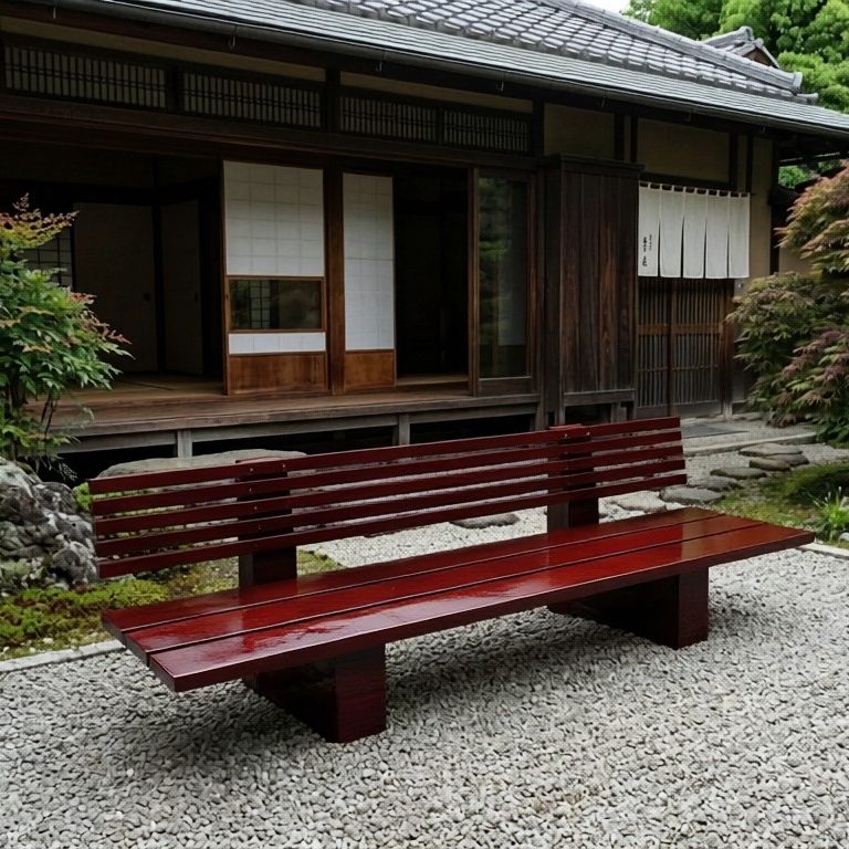 DIY outdoor-lounge KYOTO in rotem Lack im Garten vor einem traditionellen japanischen Haus