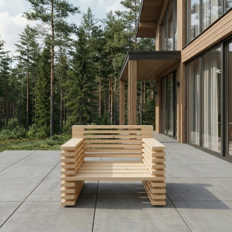 DIY outdoor-lounge Sessel STRATA auf moderner Terrasse an Haus im Wald