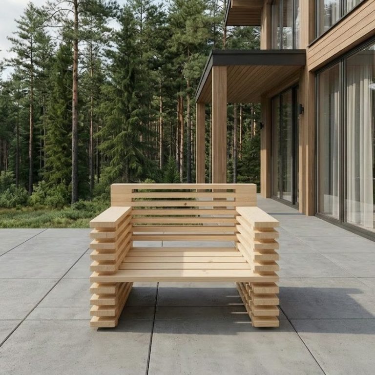 Der outdoor-lounge-Sessel STRATA steht auf einer Terrasse an einem modernen  Holzhaus