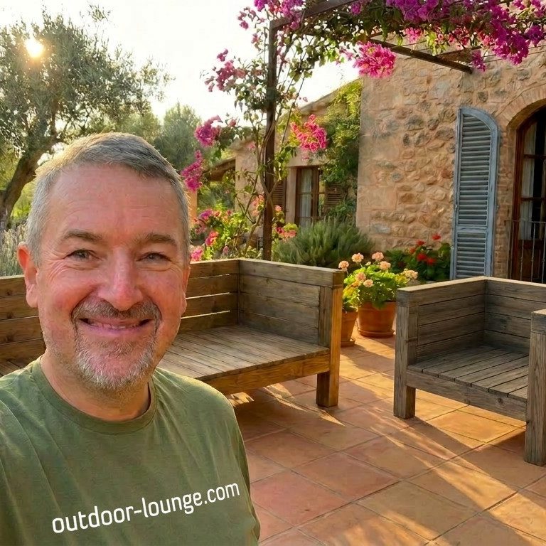 Hier steht Tom auf einer Terrasse im Süden vor einem Sofa und Sessel der DIY-Modelle TUSCANY