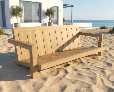 DIY Outdoor Lounge Sofa ELBE im Sand vor einem weißen Haus