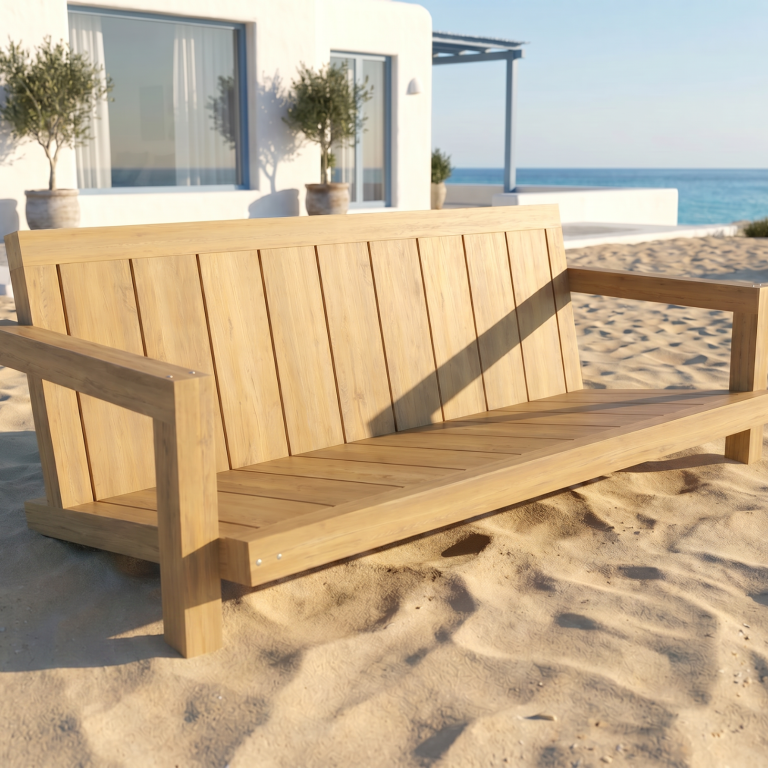 DIY Outdoor Lounge Sofa ELBE - ein Möbelstück mit tiefer Sitzposition zum Relaxen DIY Outdoor Lounge ELBE im Sand am Meer vor einem weißen Haus