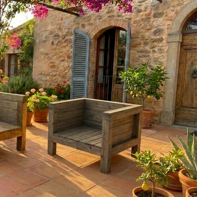 Selbstgebauter Outdoor-Lounge Sessel TUSCANY auf Terrasse im warmen Süden