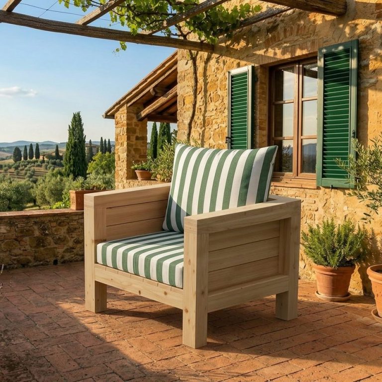 DIY outdoor-lounge.com Sessel auf einer Terrasse in den toskanischen Hügeln.