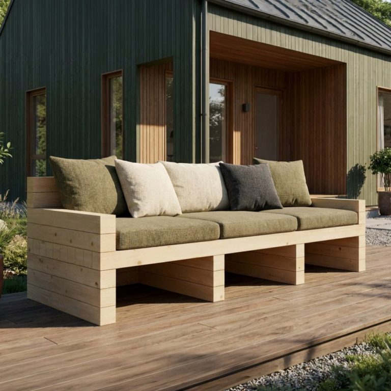 Die DIY Outdoor Lounge DOLOMITE auf einer Steinterrasse vor einem dunkelgrün gestrichenen Holzhaus.