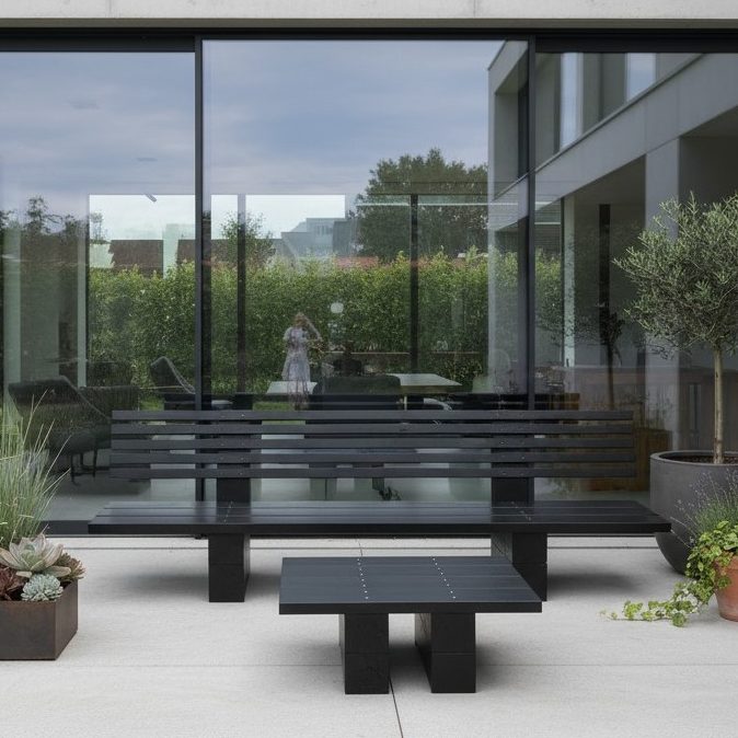 Das DIY outdoor-lounge Sofa in japanischem Stil auf der Terrasse eines modernen Hauses ergibt eine harmonische Kombination.