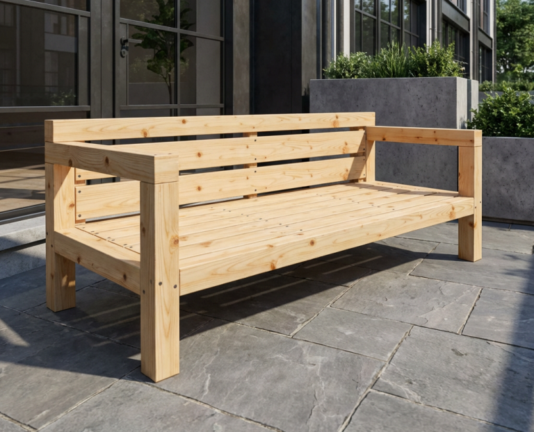 DIY outdoor-lounge.com Sofa SEMPIONE steht auf einer Terrasse DIY outdoor-lounge.com Sofa SEMPIONE steht auf einer Terrasse bei aufgehender Sonne.