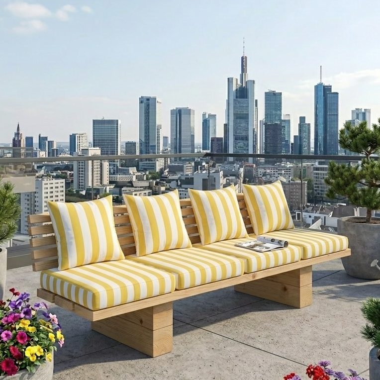 DIY Terrassenlounge zum selber bauen. Modell OSAKA mit gelb-weiß gestreiften Polstern.