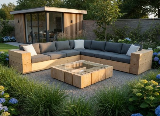 Wunderschöne outdoor-lounge aus großen Vollholzstämmen - für die Ewigkeit gebaut.