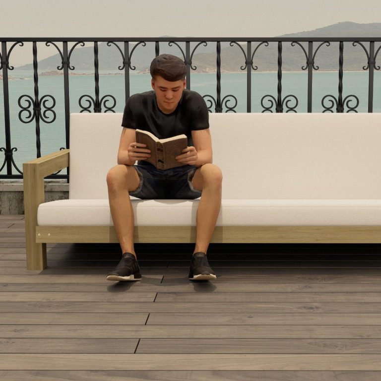CAD Rendering des Sofas ELBE mit Person zur Ansicht der Größenverhältnisse.