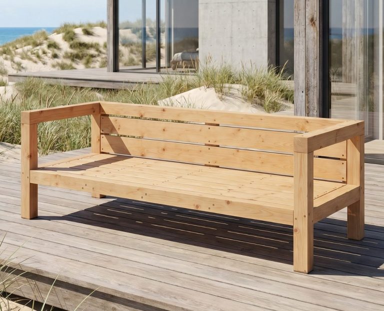 DIY outdoor-lounge.com Sofa SEMPIONE steht auf einer Terrasse DIY outdoor-lounge.com Sofa SEMPIONE steht auf einer Terrasse bei aufgehender Sonne.