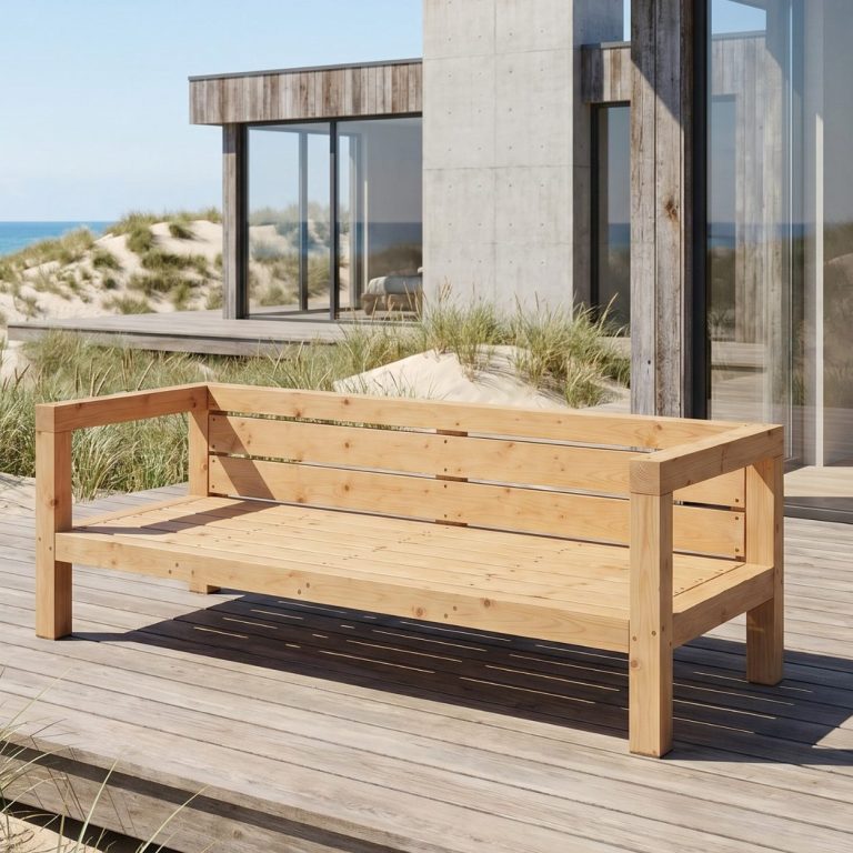 Die selbstgebaute outdoor-lounge KYOTO passt wegen ihres reduzierten Erscheinungsbildes optimal zu modernen Häusern und Bungalows