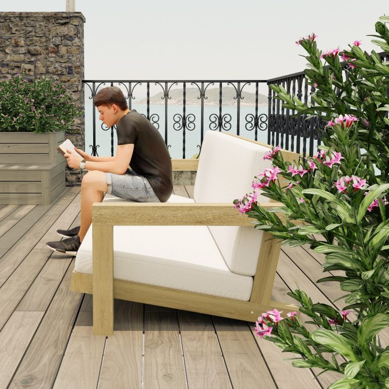 CAD Rendering des Sofas ELBE mit Person zur Ansicht der Größenverhältnisse.