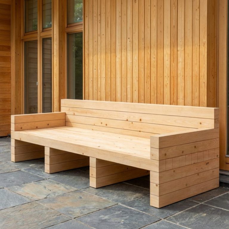 Die DIY Outdoor Lounge DOLOMITE steht auf einer Steinterrasse vor einem Holzhaus.
