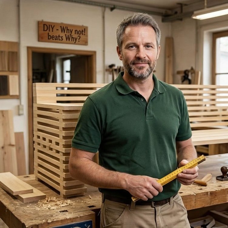 Schreiner in der Schreinerei beim Ausmessen der outdoor-lounge STRATA Ein Schreiner in Werkstatt hält einen Meterstab und ist beim Ausmessen des Outdoor-Lounge Prototyps des Modells STRATA