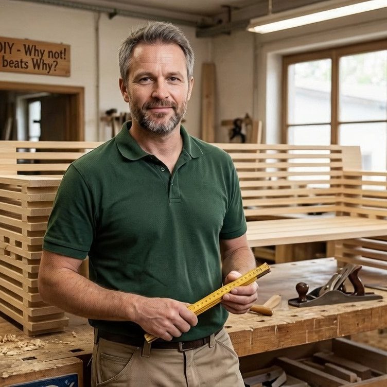 Der Schreiner von outdoor-lounge.com in seiner Werkstatt beim Aufbau der Gartenlounge STRATA 