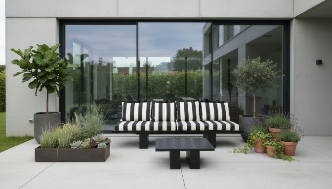 DIY-outdoor-lounge Sofa KYOTO mit schwarz-weiß gestreiften Polstern als Dekobeispiel