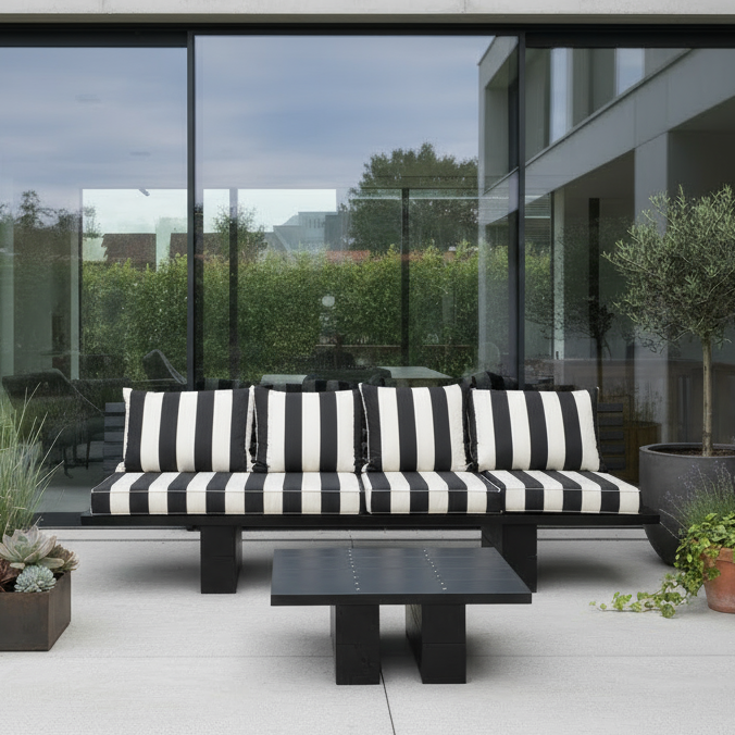 Elegante schwarz-weiß gestreifte Polster liegen beispielhaft auf der selbstgebauten DIY outdoor-lounge KYOTO