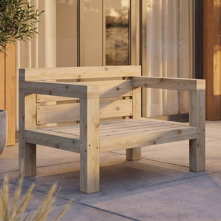 DIY Outdoor-Lounge Sessel SEMPIONE DIY Outdoor Lounge Sessel SEMPIONE auf einer Terrasse eines Hauses am Meer.