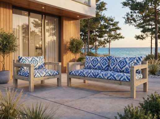 Outdoor Lounge Sitzgruppe SEMPIONE mit Polstern aus IKAT Stoff aus Mallorca