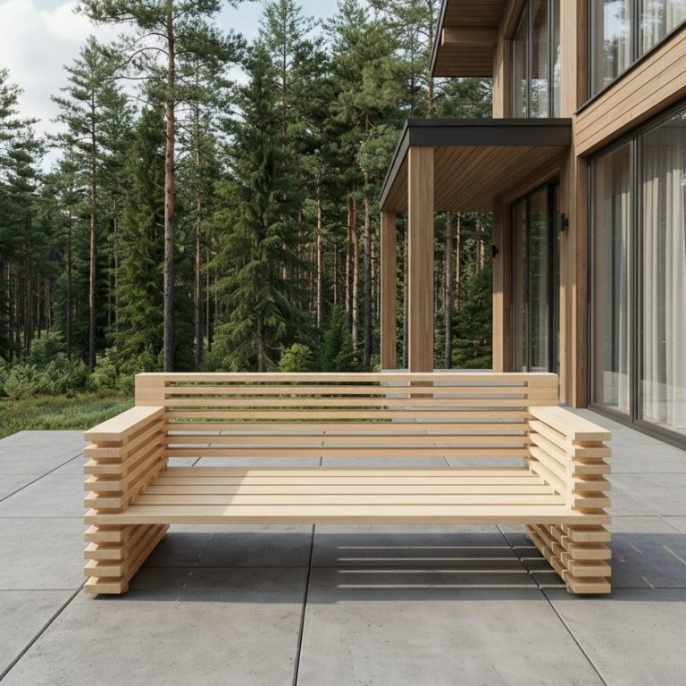 Das DIY outdoor-lounge Sofa STRATA steht auf einer Terrasse bei einem modernen Haus