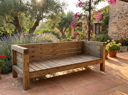 DIY outdoor-lounge Sofa TUSCANY auf einer Terrasse in den Hügeln der Toscana.