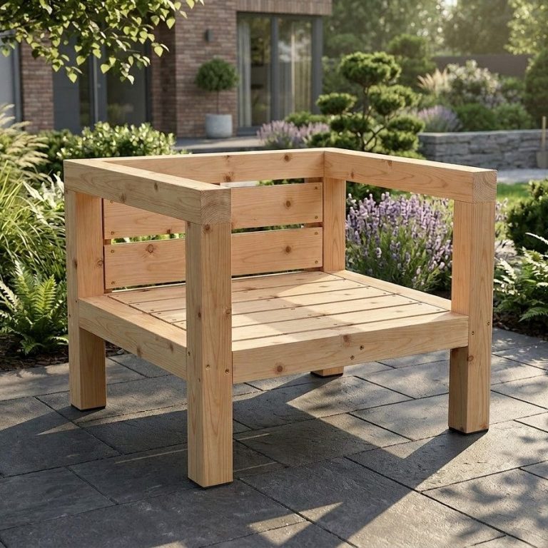 Der DIY Outdoor Lounge Sessel BANCO steht auf einer Steinterrasse vor einem modernen Haus.