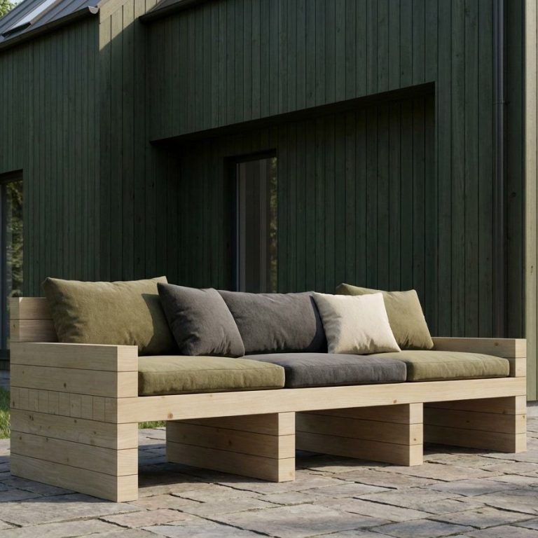 Die DIY Outdoor Lounge DOLOMITE auf einer Steinterrasse vor einem dunkelgrün gestrichenen Holzhaus.