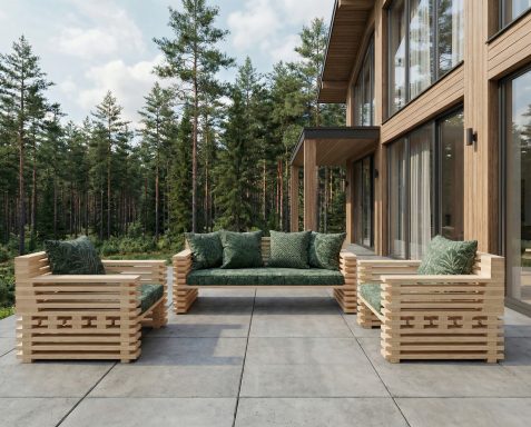 DIY outdoor-lounge Möbel der Modelllinie STRATA mit Polstern und Kissen als Dekorationsbeispiel