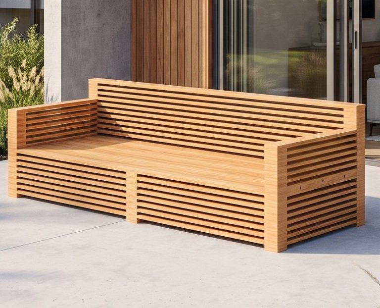 DIY LoungeMassivholz Sofa LAMELAS zum selber bauen DIY outdoor-lounge.com Sofa LAMELAS steht auf einer Terrasse.