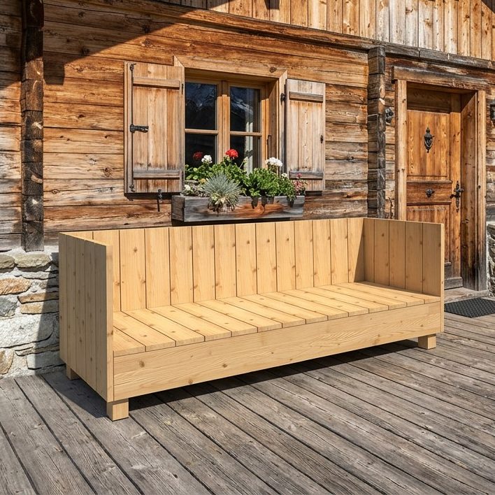 DIY outdoor-lounge.com Sofa PALISADES auf einer Terrasse vor einer Berghütte