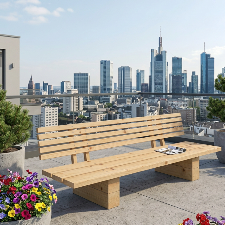 Das DIY outdoor-lounge Sofa OSAKA in japanischem Stil auf der Dachterrasse eines modernen Hauses ergibt eine harmonische Kombination.